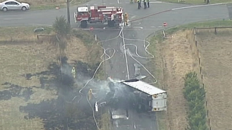 Aerial view of truck crash at Catani Victoria