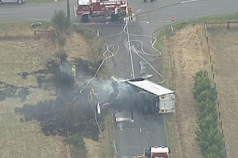 Aerial view of truck crash at Catani Victoria