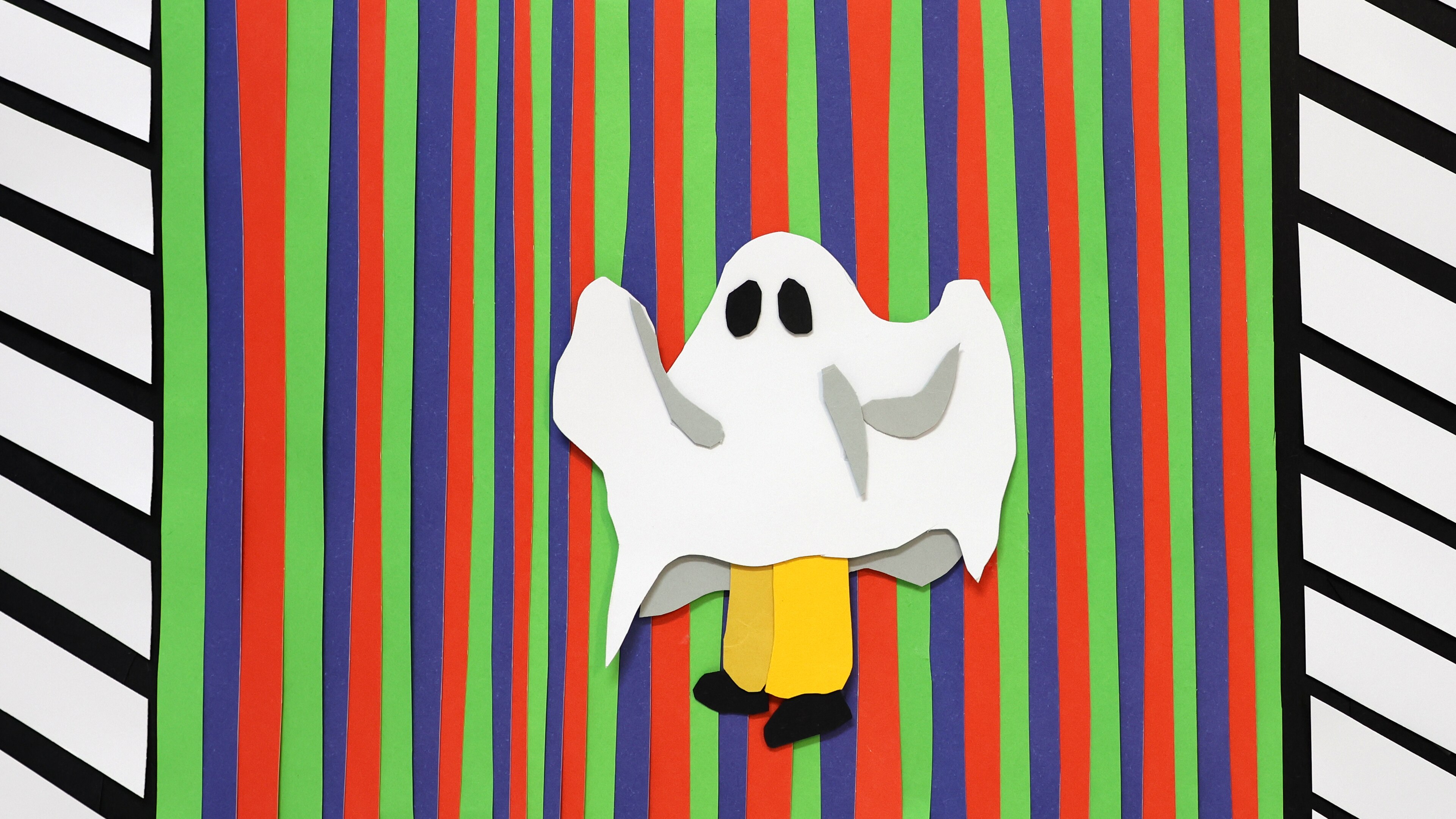 An artwork of a ghost with a striped green, orange and purple background.