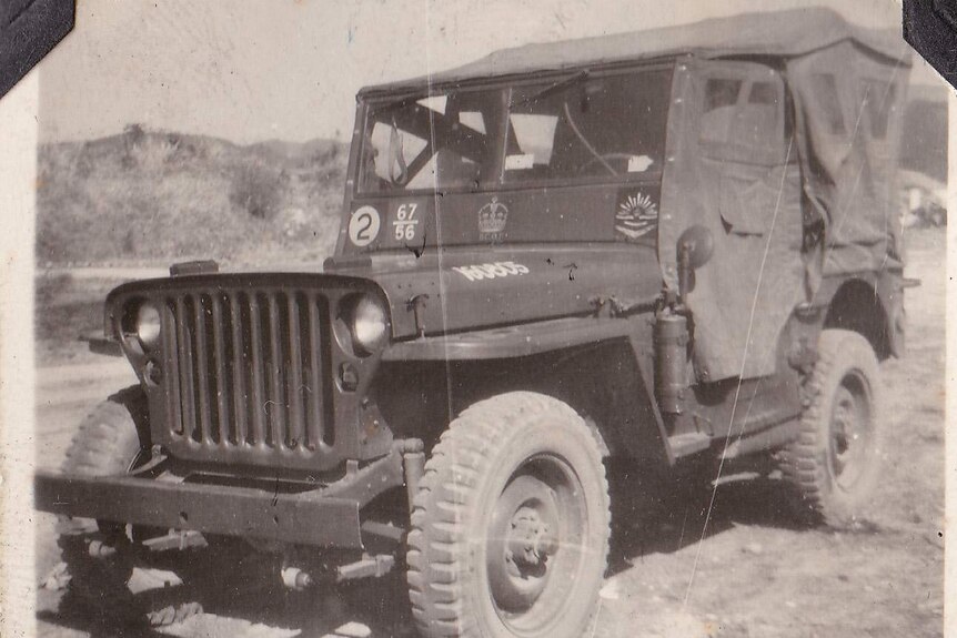 close up of war jeep black and white photograph
