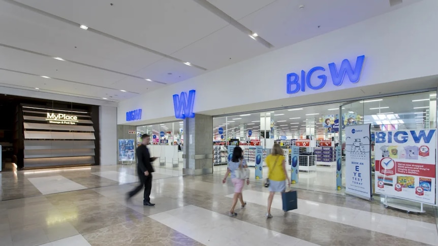 Shopper walking into a Big W store at Westfield Doncaster, Victoria.