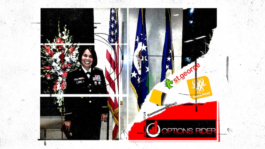 Woman army official dress smiling with Australian bank logos.