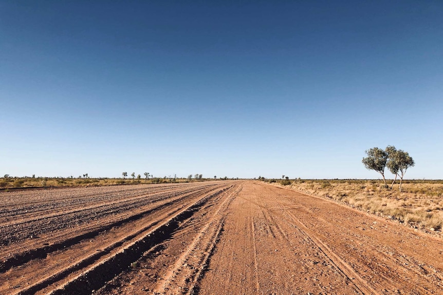 A rough gravel road in a straight line into a big horizon