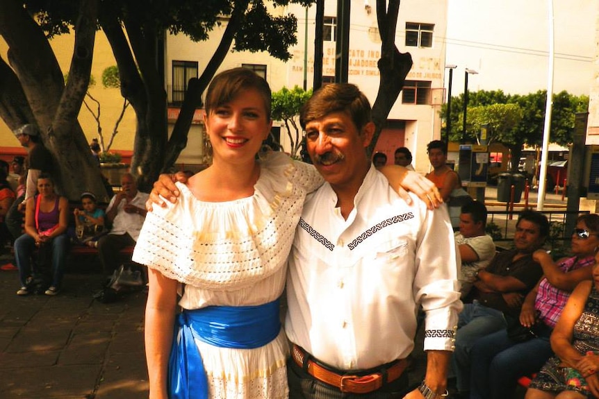 Sunshine Coast woman Hayley Armstrong and her Mexican partner Pancho Gomez in traditional mariachi costume.