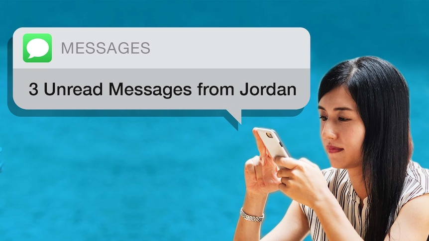 Woman checks her phone to see she has three unread messages from a date to depict seeming too keen when dating.