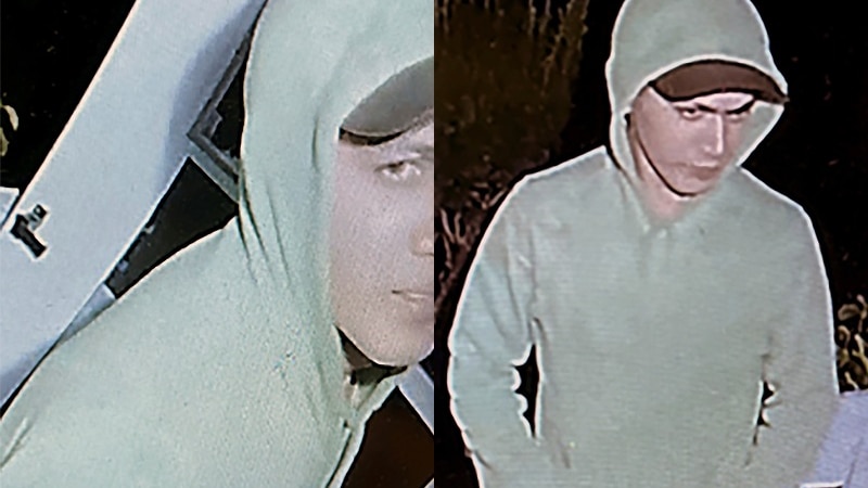 A composite of two images of a man wearing a cap and a hoodie, captured by doorbell camera