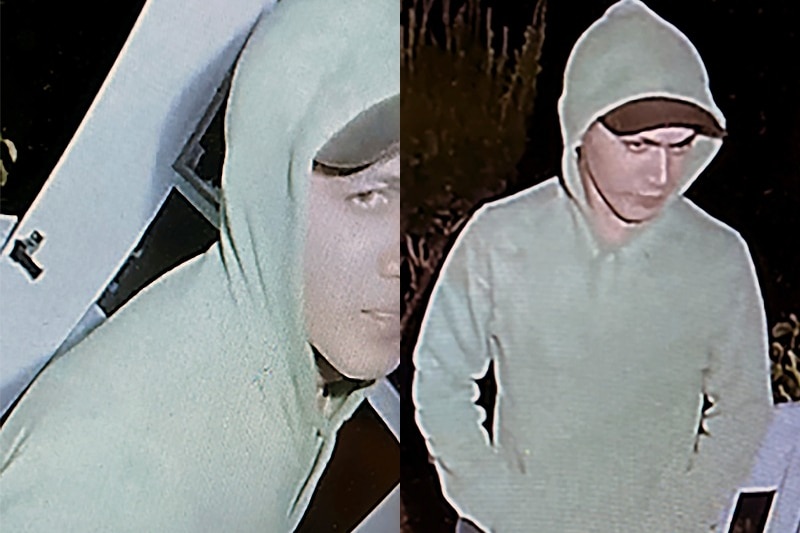 A composite of two images of a man wearing a cap and a hoodie, captured by doorbell camera