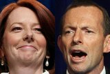LtoR Prime Minister Julia Gillard and Opposition Leader Tony Abbott address their supporters