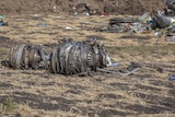 Metal scraps, that appear to be part of the Ethiopia Airlines propeller machinery, lie on the ground
