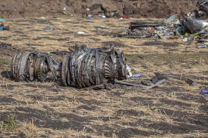A shredded engine part lies on the ground in wreckage in Ethiopia.