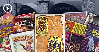 A mash-up of images of different Big Day Out albums, brightly coloured and covered in cartoon-ish figures.