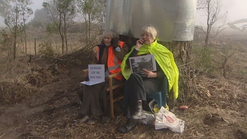 Isabel Mackenzie (left) and Helen Lewers protesting the removal of a number trees on the Western Highway, in central Victoria.