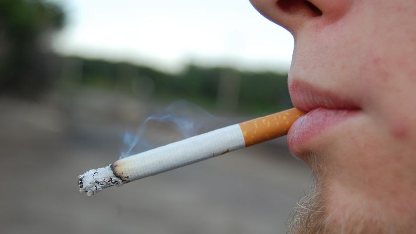 a close up side angle of the lower half of a man's face with a goatee smoking a cigarette