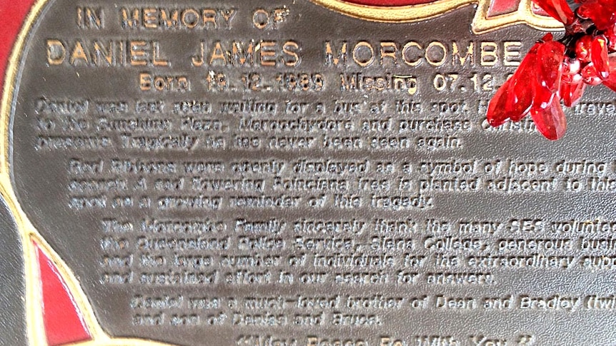 The plaque on the memorial for Daniel Morcombe at the Kiel Mountain Road overpass.