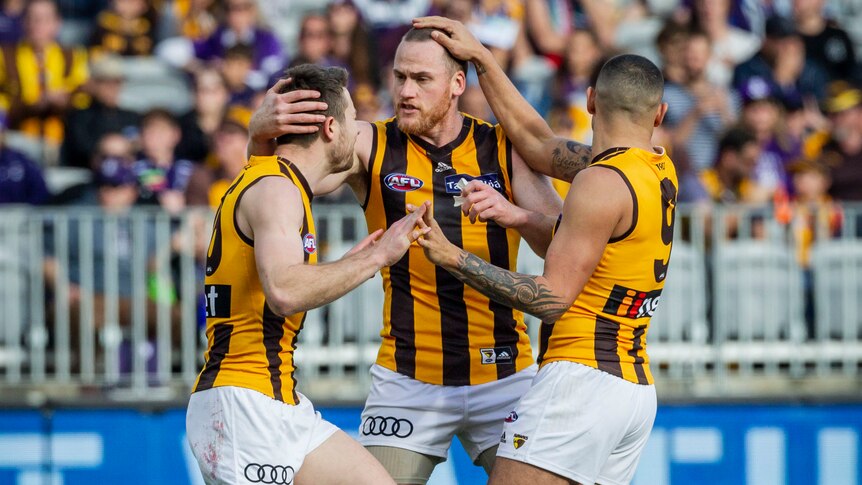 Jarryd Roughead hugs his Hawks teammates as they celebrate a goal against the Dockers.