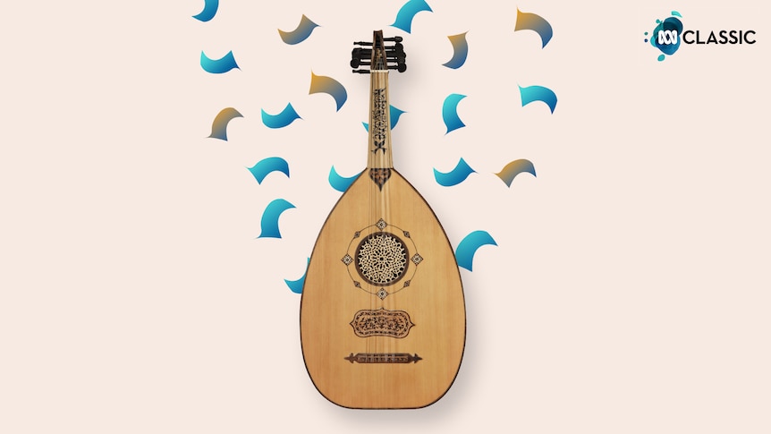 Front view of an oud with an ornate deign on the neck, on a beige background with blue highlights giving a sense of movement. 