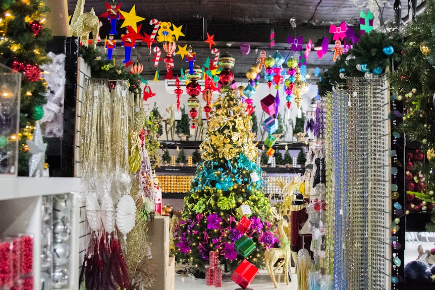 Decorations hang from the ceiling as they wait to be installed in shopping centres and locations throughout Queensland.