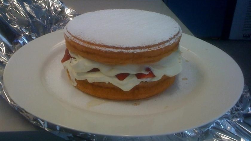 Sponge cake with cream on a white plate.