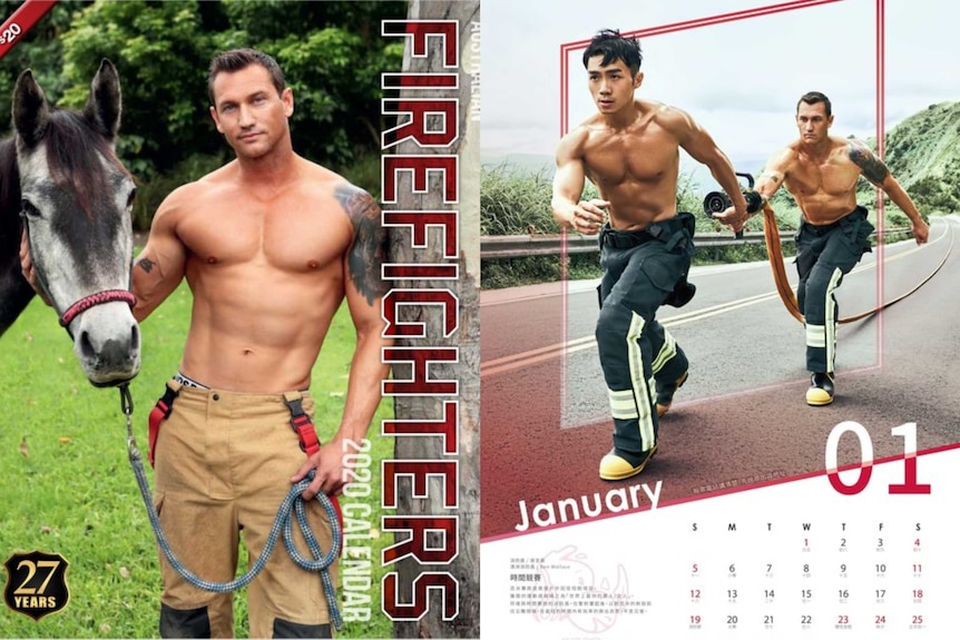 Victorian fiirefighter Ben Wallace poses on the Australian cover and with a Taiwanese firefighter for the joint calendar.