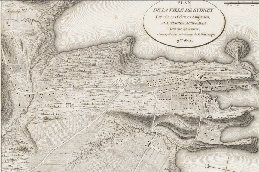 A map of Sydney in 1802 drawn by Charles Alexandre Lesueur, based on a survey by Charles-Pierre Boulanger.