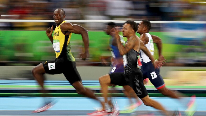 Usain Bolt leads the men's 100 metre semifinal at Rio.