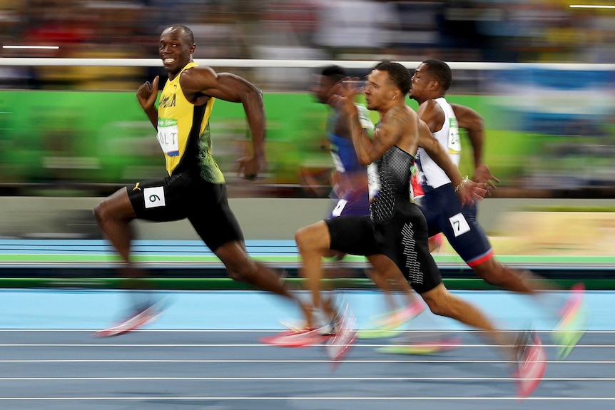 Usain Bolt leads the men's 100 metre semifinal at Rio.