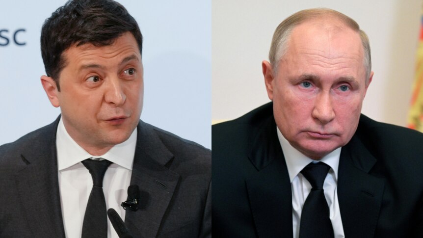 A composite photo shows President Zelenskyy with Russia's Vladimir Putin.