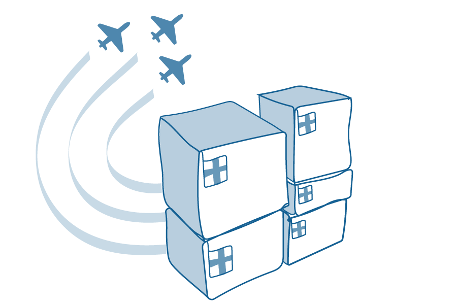 An illustration of a stack of boxes marked with a hospital cross and planes flying overhead.