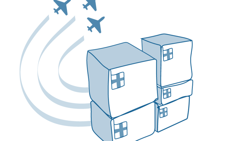 An illustration of a stack of boxes marked with a hospital cross and planes flying overhead.