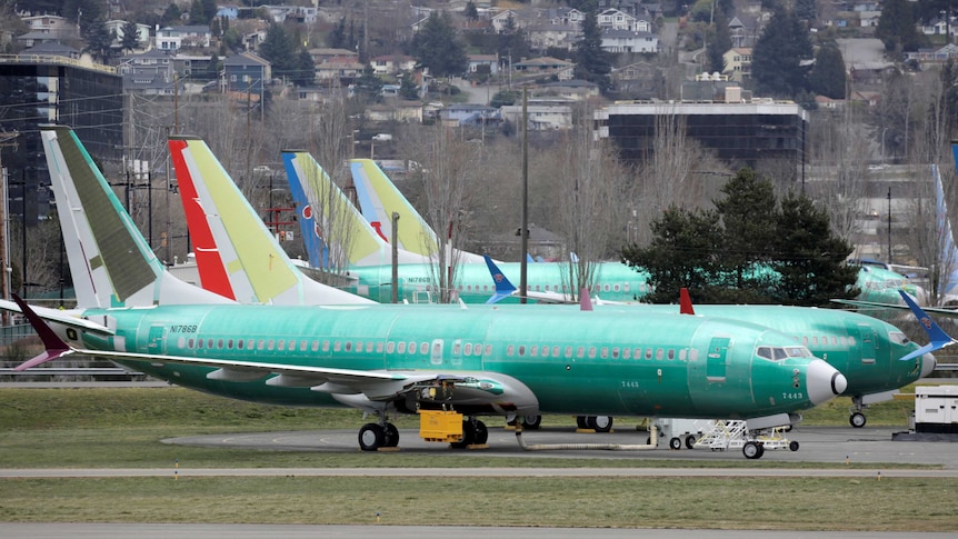Several bright green Boeing 737 jets are parked at its factory, with houses on hilltops in the distance.
