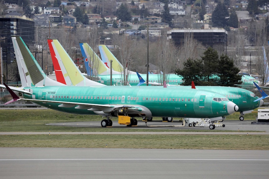 Several bright green Boeing 737 jets are parked at its factory, with houses on hilltops in the distance.