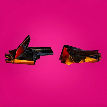 Run The Jewels logo of two hands - a gun and a fist - against a pink background