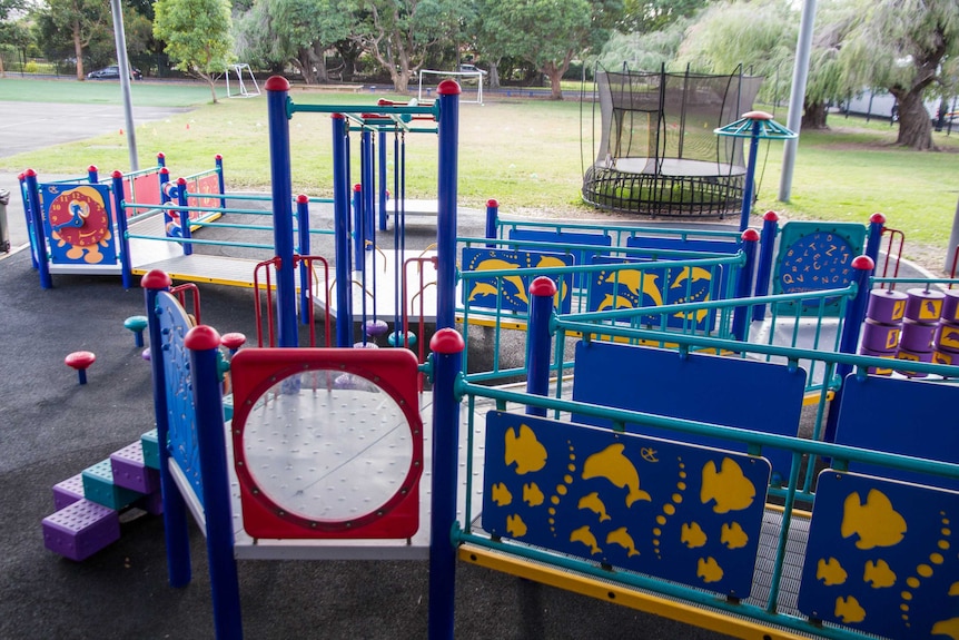 A high view of a blue metal playground.