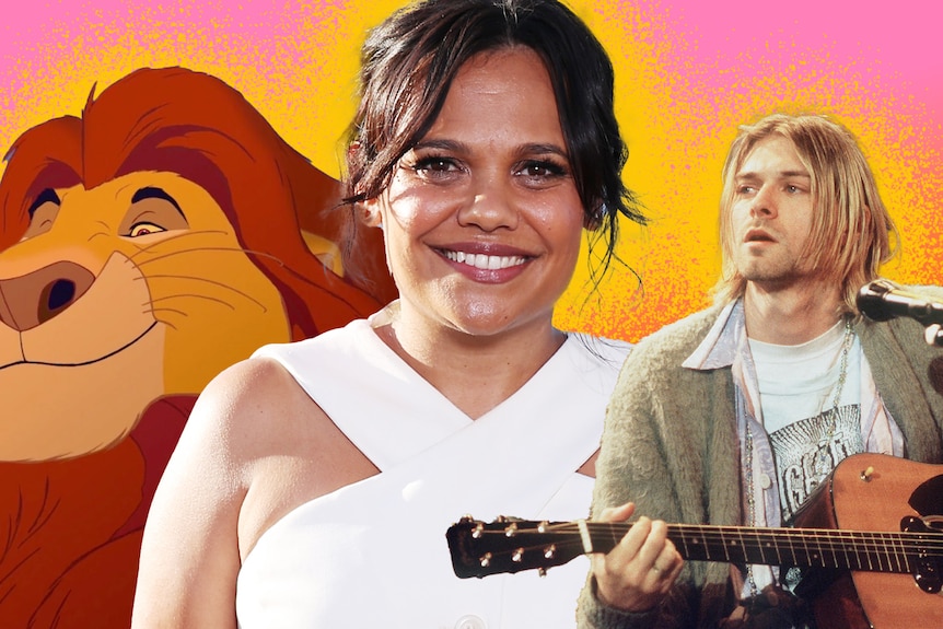 Mufasa, left, is seen in a composite image next to Miranda Tapsell smiling, centre, with Kurt, right, playing a guitar. 