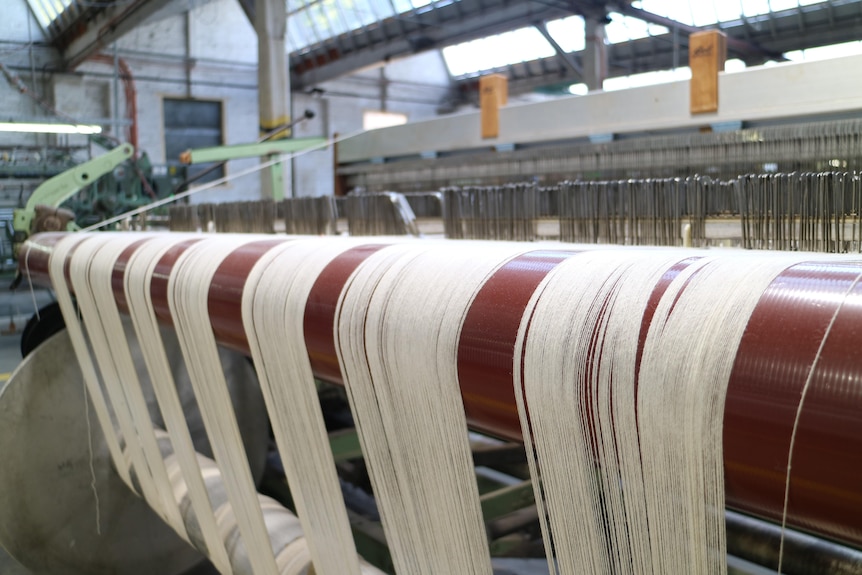 strands of fibre are pulled tight over a large textile weaving machine