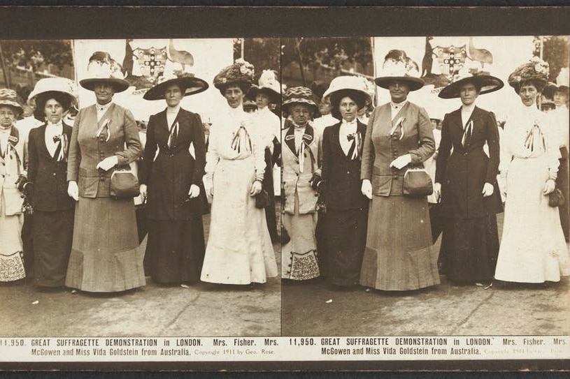 A sepia toned photo of women gathered as part of the Great Suffragette Demonstration in London, 1911