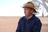 A farmer stares wistfully out at a grain field