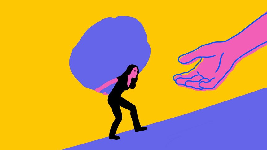 Illustration of a woman carrying a heavy load with an open hand in front of her to show struggle with suicidal ideation