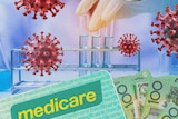 A graphic showing a Medicare card, $100 bills, COVID cells and scientific beakers