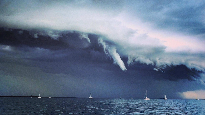 A storm front moves across yachts on Moreton Bay off Brisbane in 2014.