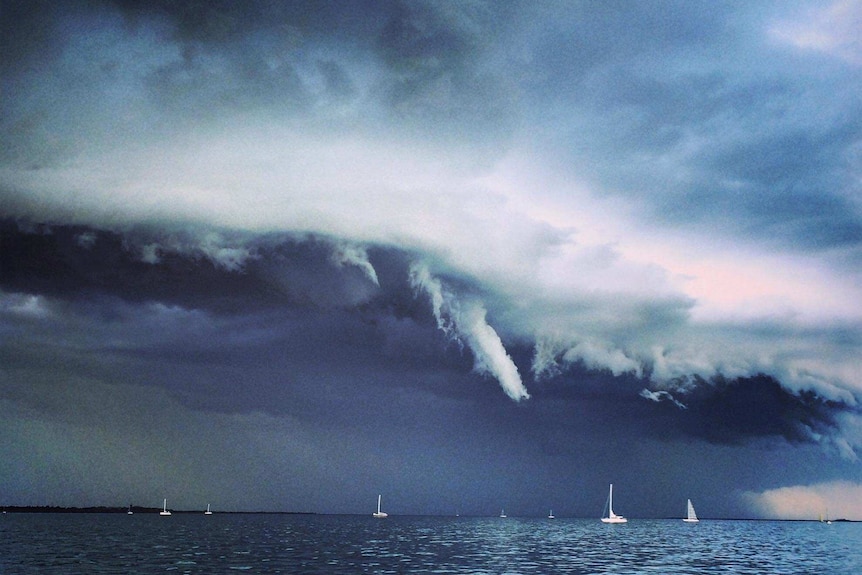 A storm front moves across yachts on Moreton Bay off Brisbane in 2014.