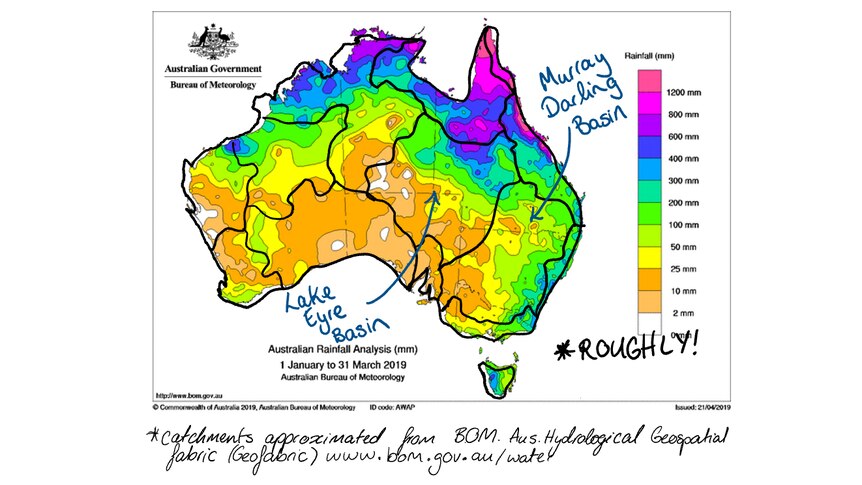 Map of rainfall to March 2019 lots in the Lake Eyre Basin , some in the Murray Daring but not so much.