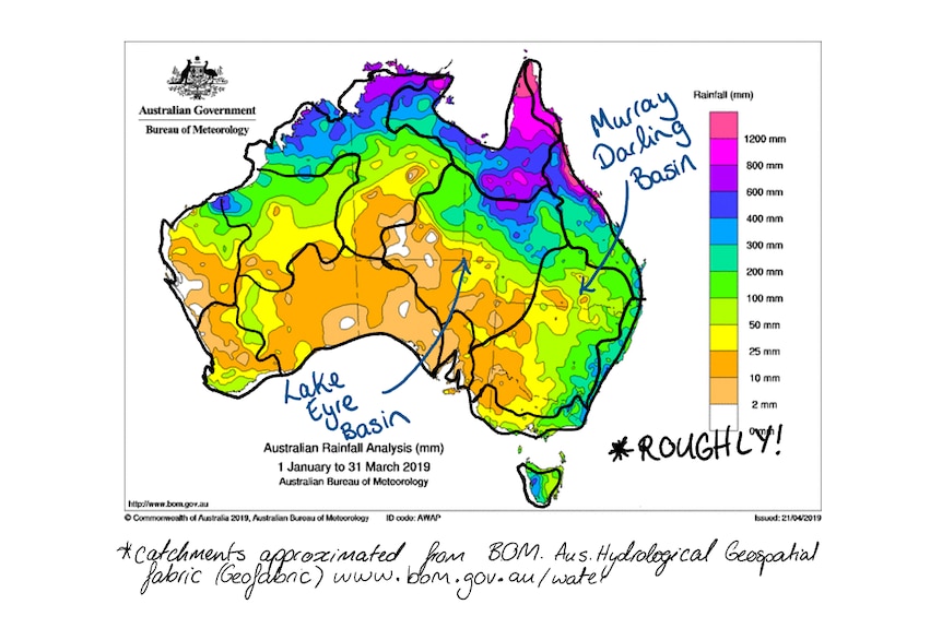 Map of rainfall to March 2019 lots in the Lake Eyre Basin , some in the Murray Daring but not so much.