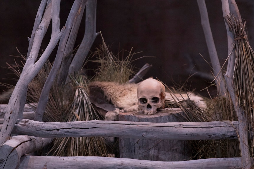 A human skull sits on a tree stump surrounded by a tipi of sticks, on a theatre stage set.