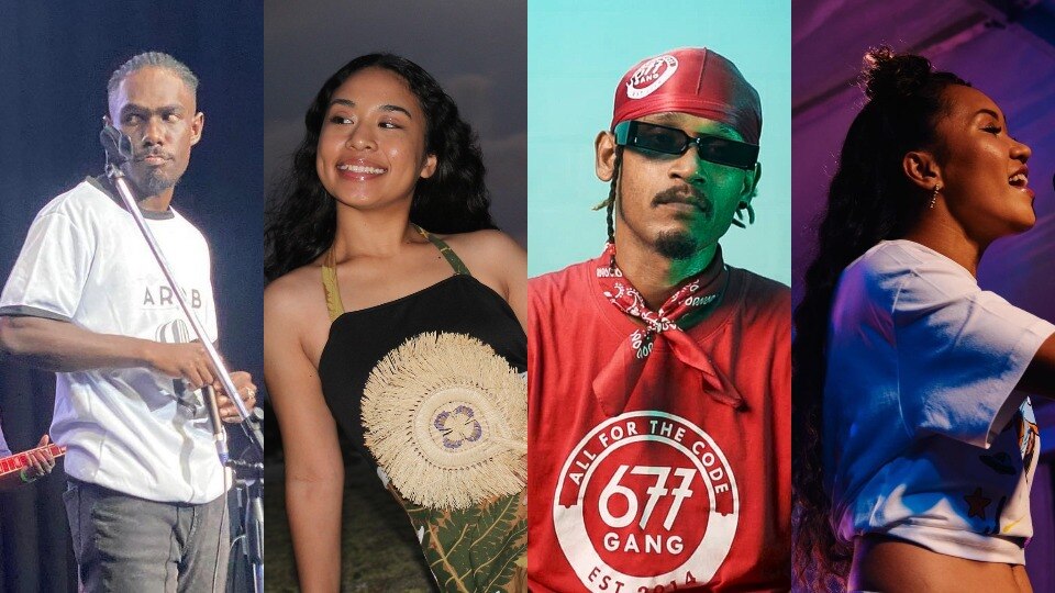 Spliced image of four Pacific artists. Two male and two female. 