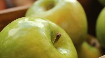 A box of green apples.