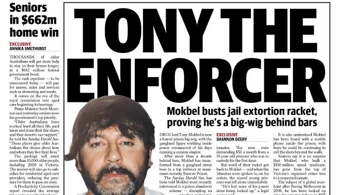The front page of the Herald Sun newspaper on February 10, 2019 showing an article about Tony Mokbel.