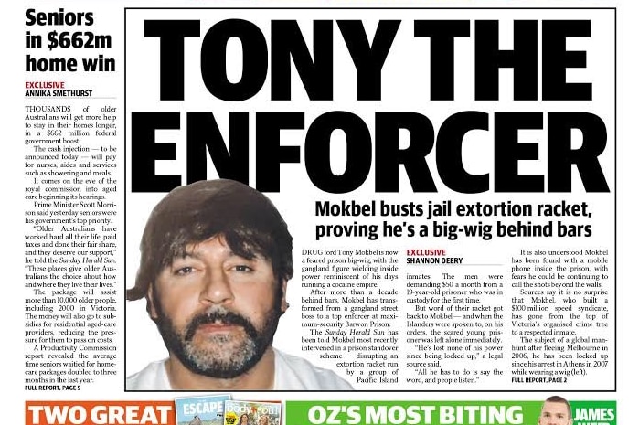 The front page of the Herald Sun newspaper on February 10, 2019 showing an article about Tony Mokbel.