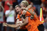 Besart Berisha of the Roar (L) has paid the price for a fiery post-match melee