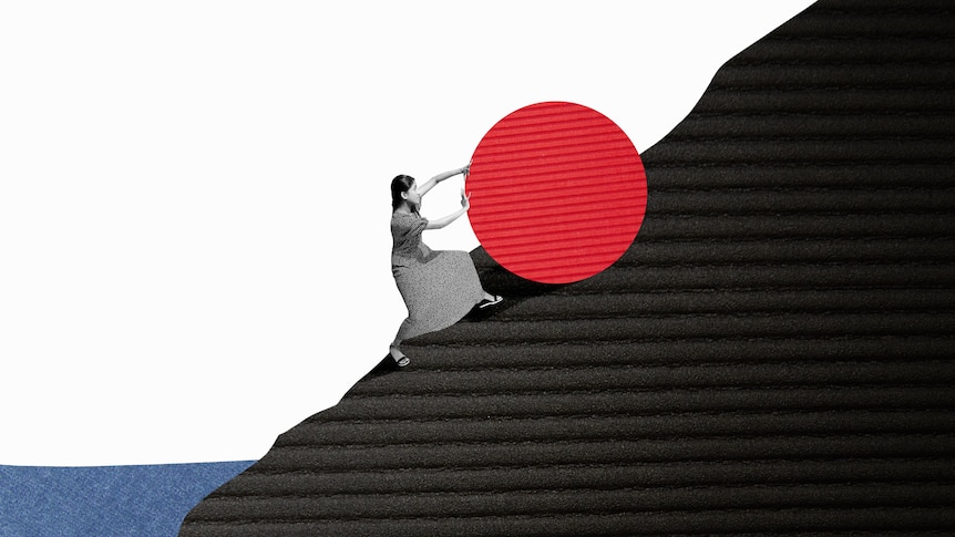 Artwork showing a woman pushing a big ball up a hill. The image is in black and white except for the ball which is red.